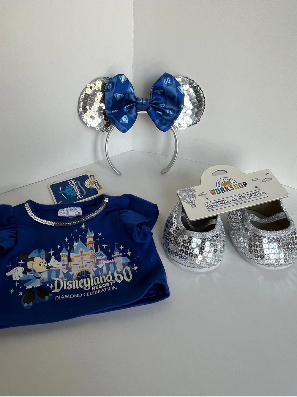 Set of Build-A-Bear Workshop blue Silver Sequin top, headband shoes accessories